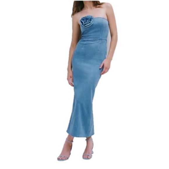 Torn By Ronny Kobo Renee Denim Rosette Strapless Midi Dress - Picture 2 of 6